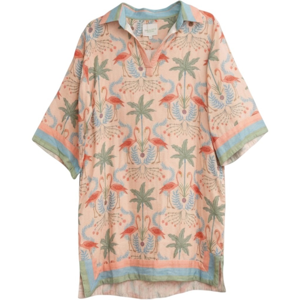Victoria Dunn Tunic Dress Sz L Pink Flamingo Palm Tree Tropical Grandmillennial